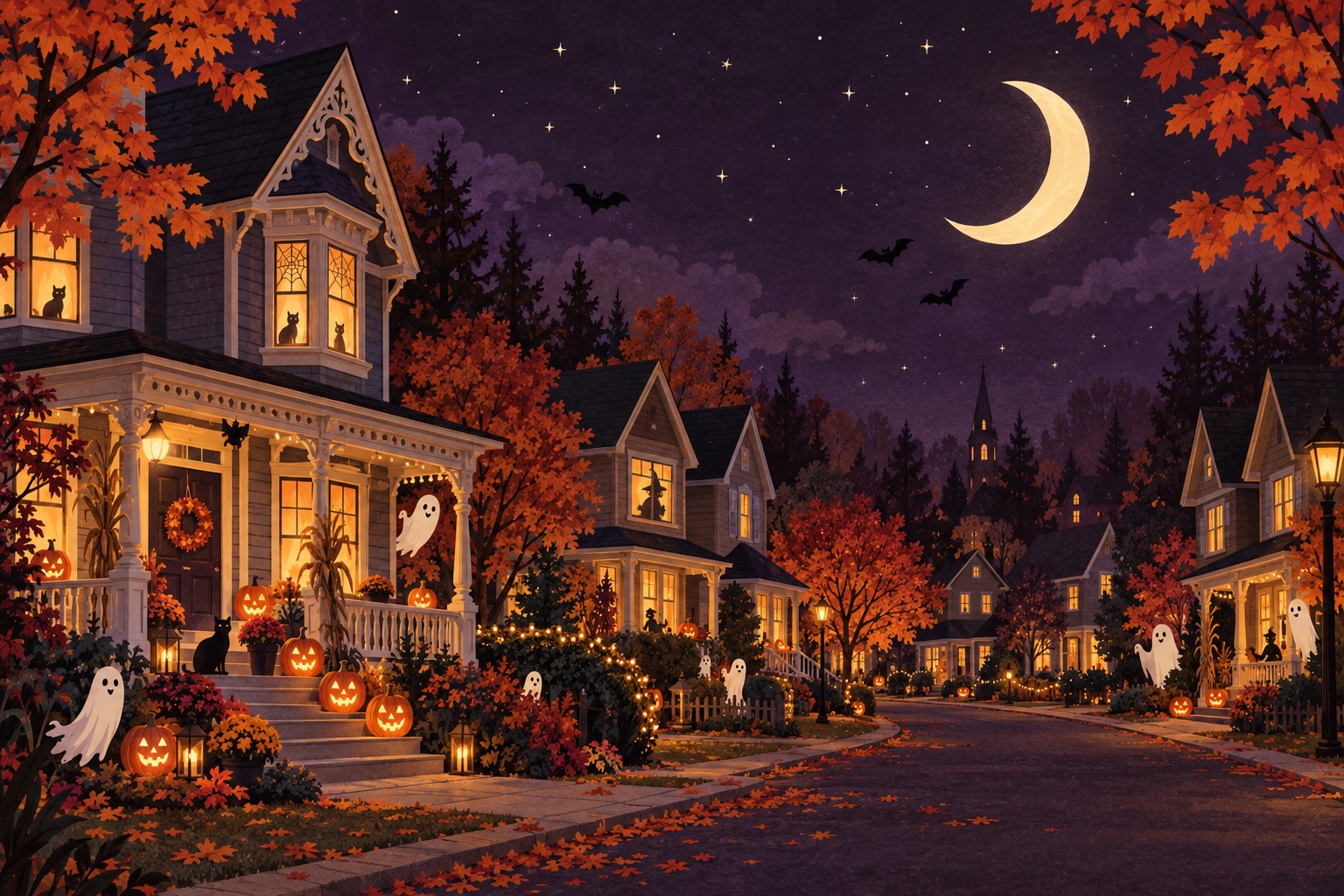 Illustrated Halloween neighbourhood with glowing pumpkins and a crescent moon