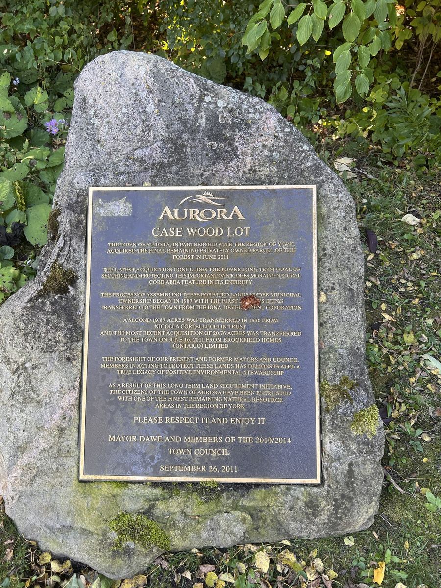 Bronze Town of Aurora plaque on a boulder: Case Wood Lot, acquired with the Region of York to protect this Oak Ridges Moraine natural core area, dated September 26, 2011