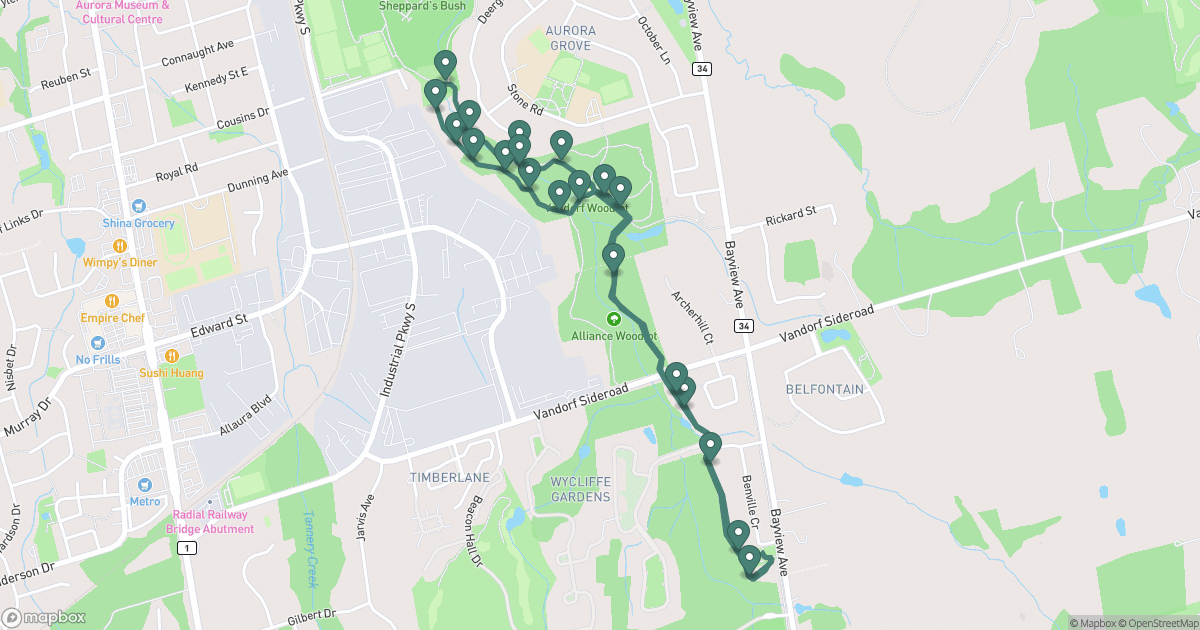 Route map of Vandorf Woodlot: Origins of the Moraine with 39 voice notes